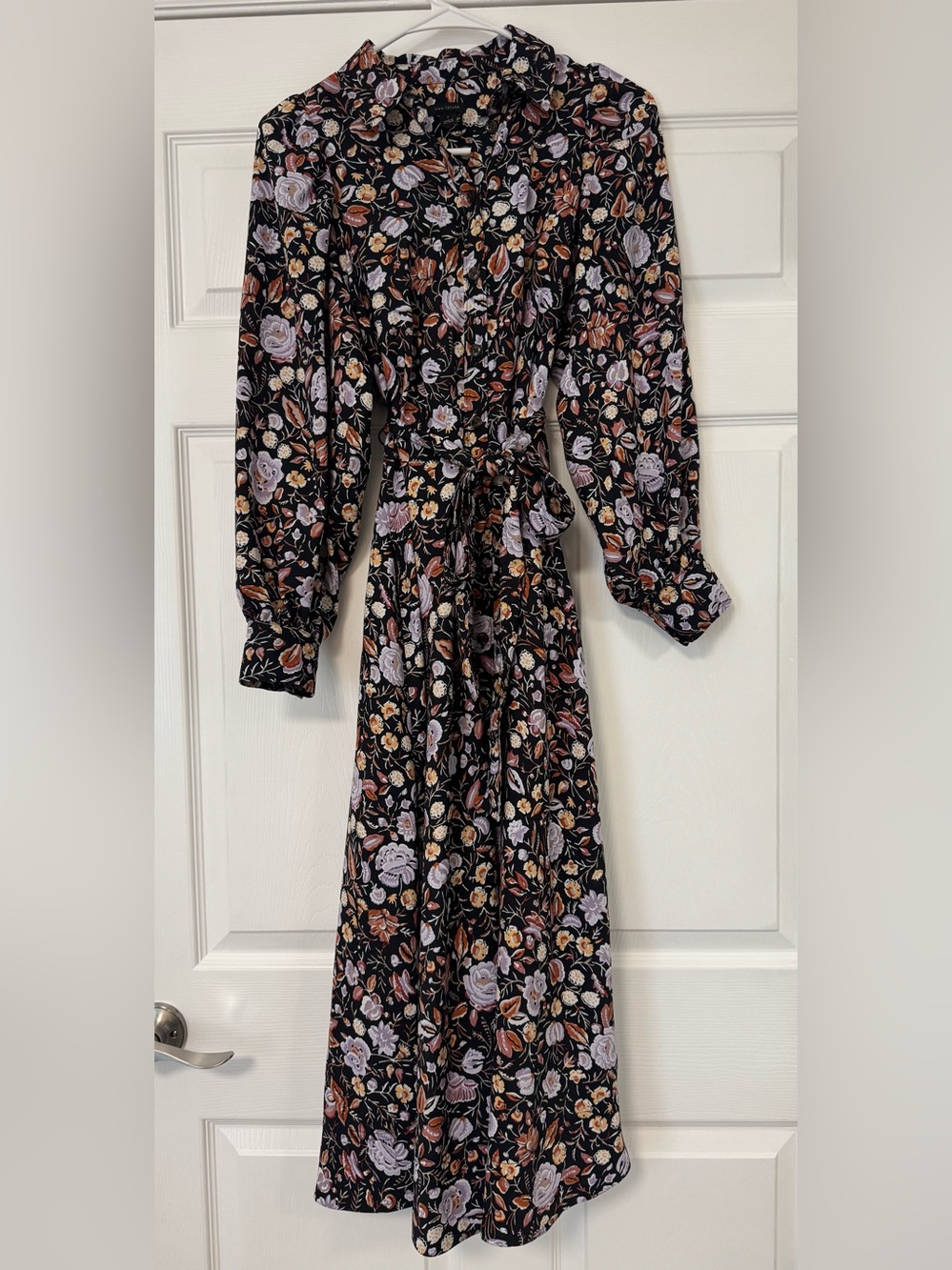 Ann Taylor Black Floral Long-Sleeve Shirt Dress with Puff Sleeves